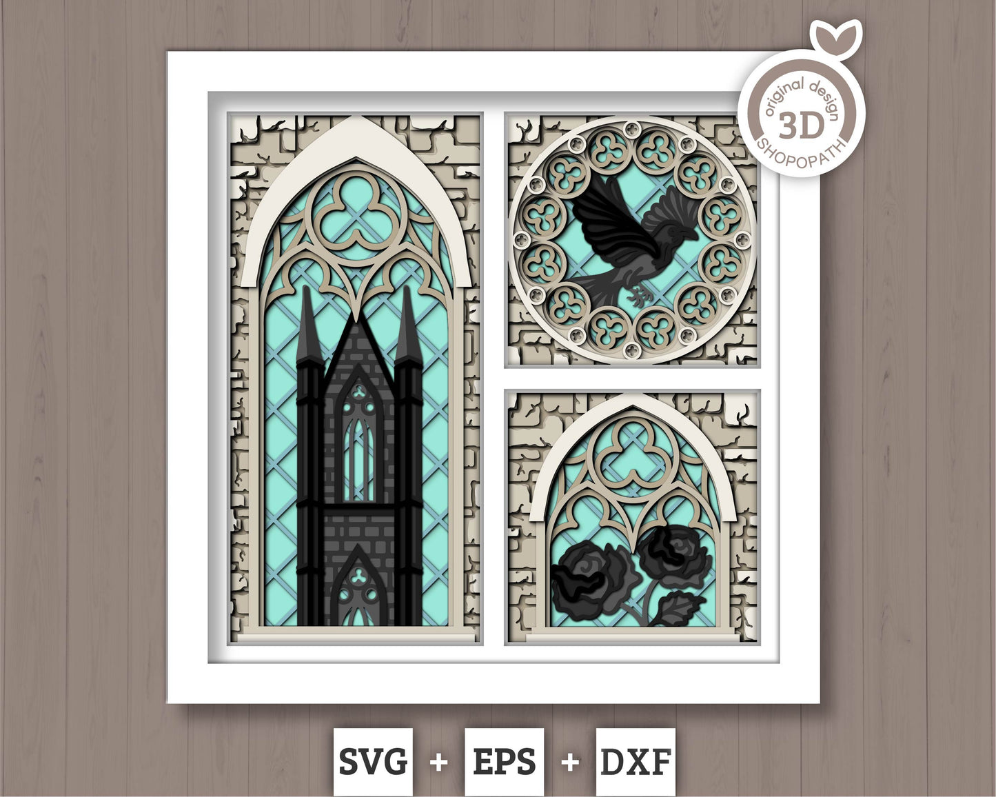 3D SVG Crow With Gothic Window Shadow Box, Black Rose 3D Svg, Ivy 3D SVG, Stained Glass 3D Svg,  Gothic Tower 3D SVG, Cricut Silhouette