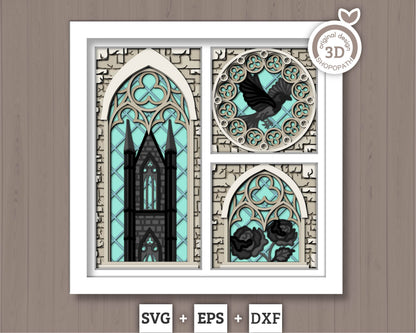 3D SVG Crow With Gothic Window Shadow Box, Black Rose 3D Svg, Ivy 3D SVG, Stained Glass 3D Svg,  Gothic Tower 3D SVG, Cricut Silhouette