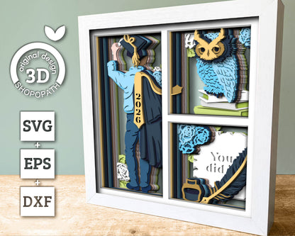 3D Graduation Boy Shadow Box SVG, 3D Diploma SVG, 3D Class of 2026 svg, 3D Owl svg, 3D Summer SVG, 3D Graduation Cap svg, Cricut Silhouette