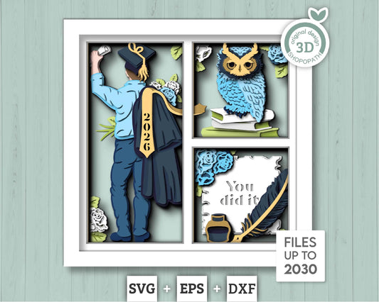 3D Graduation Boy Shadow Box SVG, 3D Diploma SVG, 3D Class of 2026 svg, 3D Owl svg, 3D Summer SVG, 3D Graduation Cap svg, Cricut Silhouette