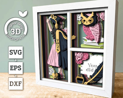 3D Graduation Girl Shadow Box SVG, 3D Class of 2026 svg, 3D Diploma SVG, 3D Owl svg, 3D Summer SVG, 3D Graduation Cap svg, Cricut Silhouette