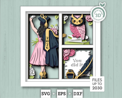 3D Graduation Girl Shadow Box SVG, 3D Class of 2026 svg, 3D Diploma SVG, 3D Owl svg, 3D Summer SVG, 3D Graduation Cap svg, Cricut Silhouette