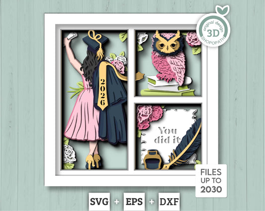 3D Graduation Girl Shadow Box SVG, 3D Class of 2026 svg, 3D Diploma SVG, 3D Owl svg, 3D Summer SVG, 3D Graduation Cap svg, Cricut Silhouette
