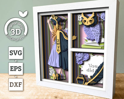 3D Graduation Girl Medium Hair Shadow Box SVG, 3D Class of 2026 svg, 3D Diploma SVG, 3D Owl svg, 3D Summer SVG, 3D Graduation Cap svg, Cricut Silhouette