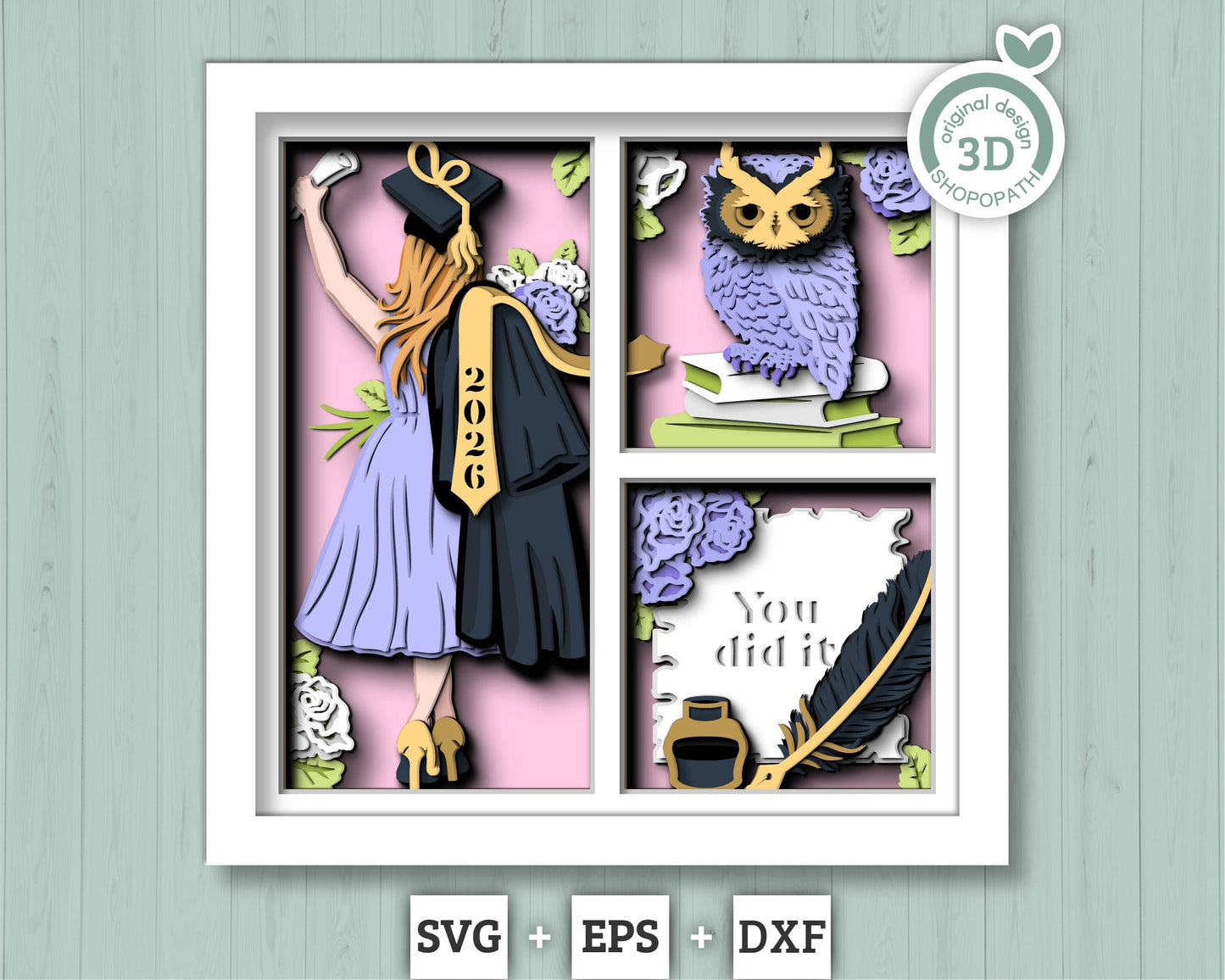 3D Graduation Girl Medium Hair Shadow Box SVG, 3D Class of 2026 svg, 3D Diploma SVG, 3D Owl svg, 3D Summer SVG, 3D Graduation Cap svg, Cricut Silhouette