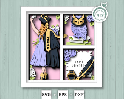 3D Graduation Girl Medium Hair Shadow Box SVG, 3D Class of 2026 svg, 3D Diploma SVG, 3D Owl svg, 3D Summer SVG, 3D Graduation Cap svg, Cricut Silhouette