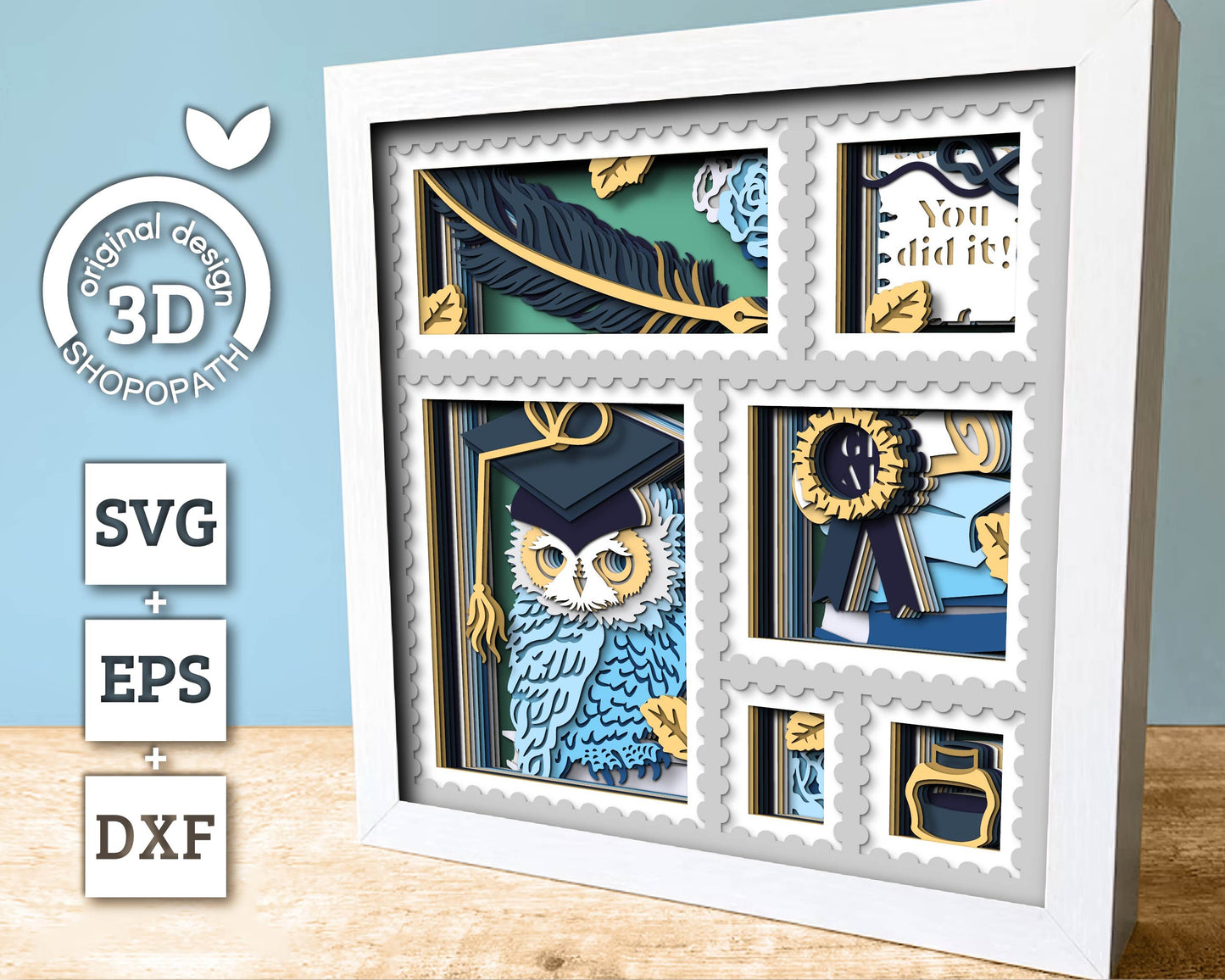 3D Graduation Shadow Box Stamps Frame SVG, 3D Summer SVG, 3D Class of 2026 svg, 3D Owl svg, 3D Layered Graduation Cap svg, Cricut Silhouette