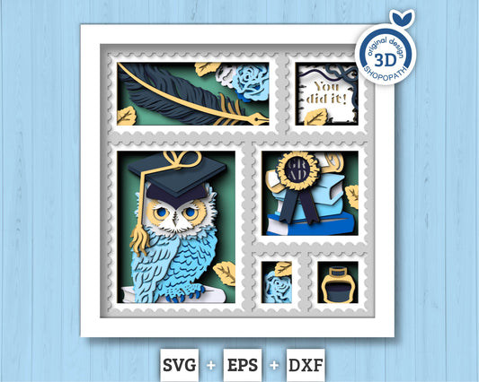 3D Graduation Shadow Box Stamps Frame SVG, 3D Summer SVG, 3D Class of 2026 svg, 3D Owl svg, 3D Layered Graduation Cap svg, Cricut Silhouette