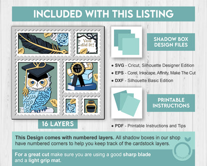 3D Graduation Shadow Box Stamps Frame SVG, 3D Summer SVG, 3D Class of 2026 svg, 3D Owl svg, 3D Layered Graduation Cap svg, Cricut Silhouette