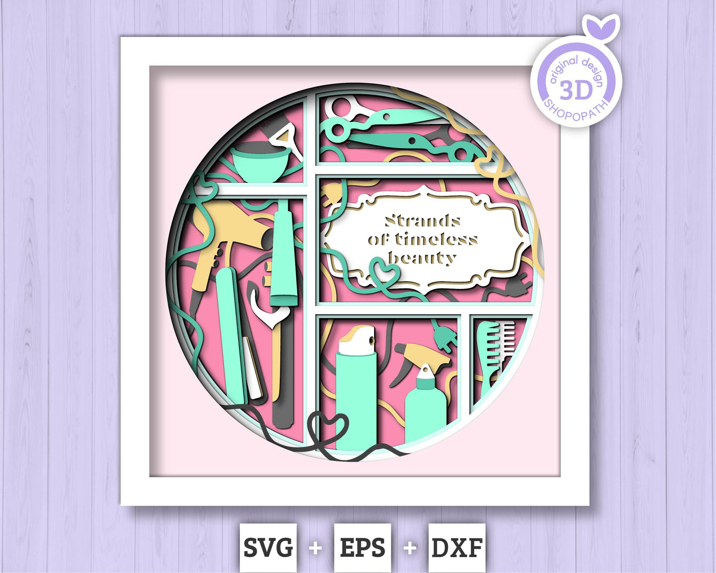 Hair Salon Tools with Label - 3D Shadow Box Layered SVG DXF EPS (Cutting Files)