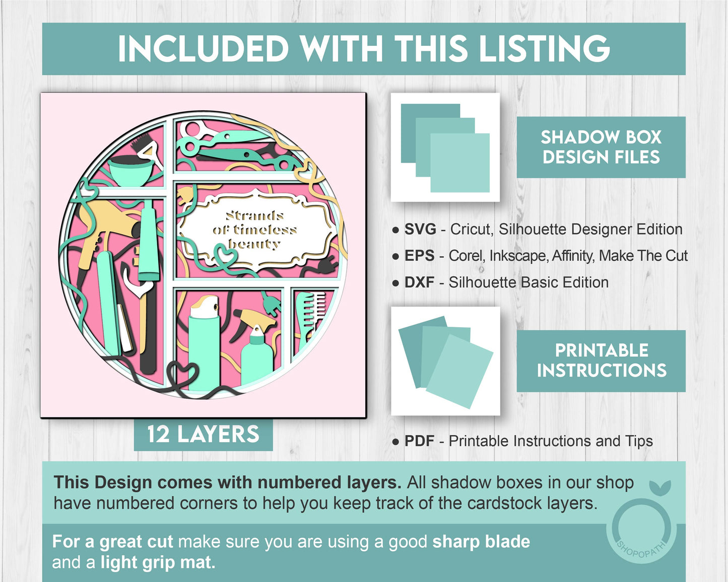 Hair Salon Tools with Label - 3D Shadow Box Layered SVG DXF EPS (Cutting Files)