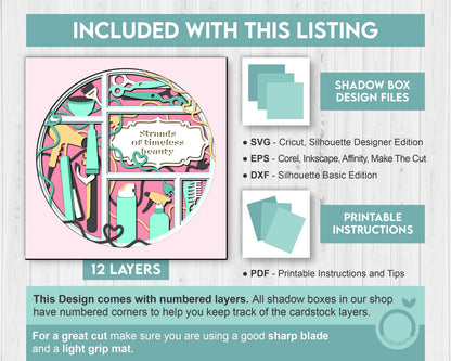 Hair Salon Tools with Label - 3D Shadow Box Layered SVG DXF EPS (Cutting Files)