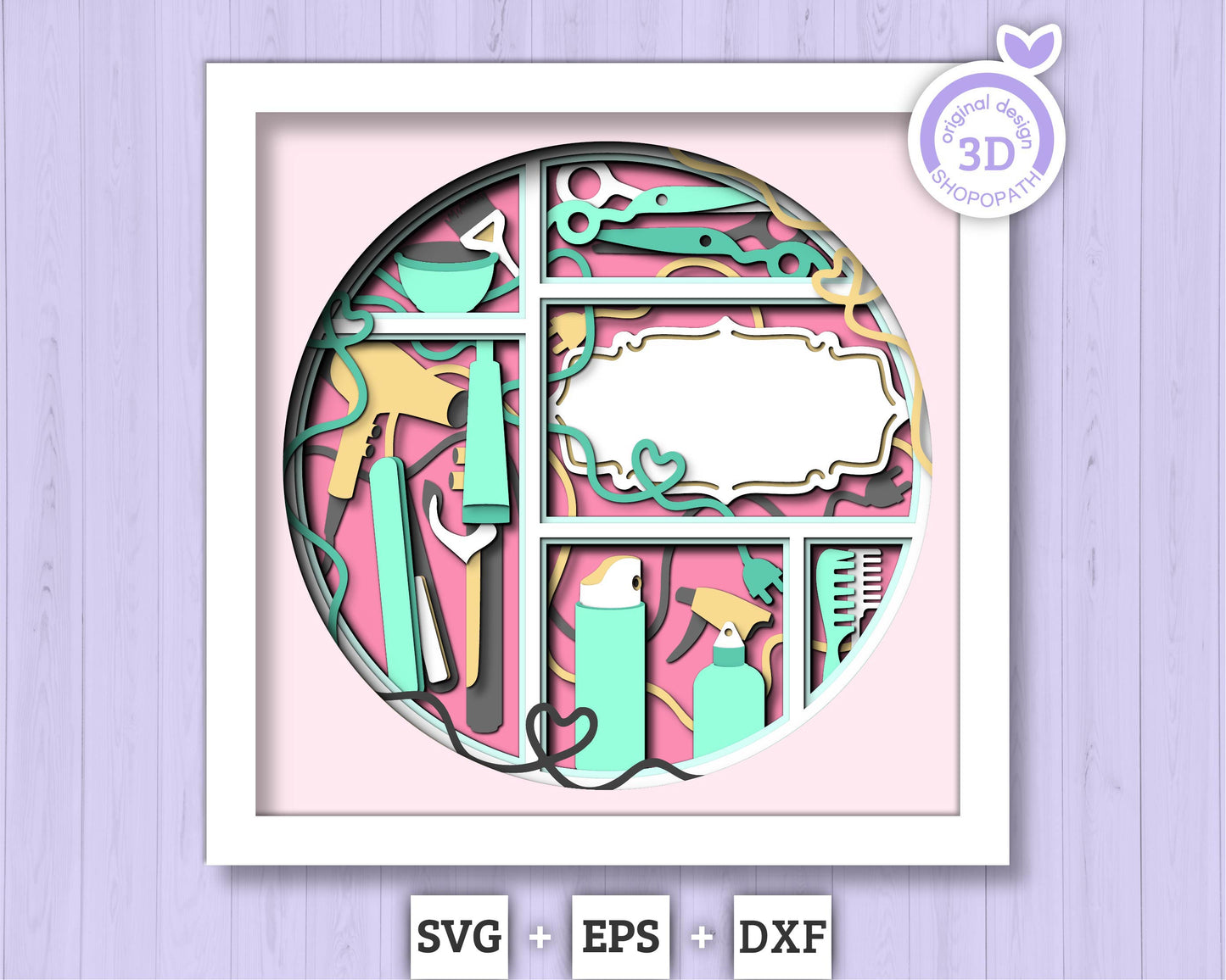 Hair Salon Tools with Label - 3D Shadow Box Layered SVG DXF EPS (Cutting Files)