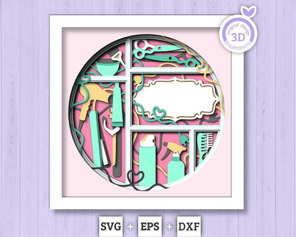 Hair Salon Tools with Label - 3D Shadow Box Layered SVG DXF EPS (Cutting Files)