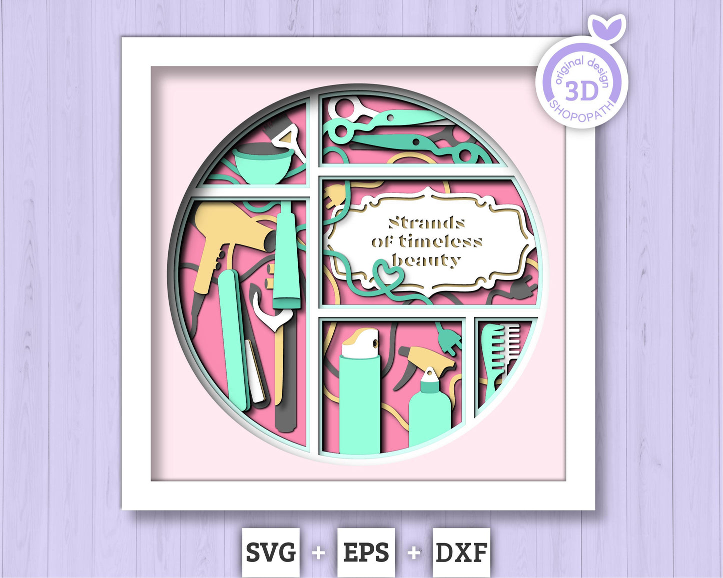 Hair Salon Tools with Label - 3D Shadow Box Layered SVG DXF EPS (Cutting Files)