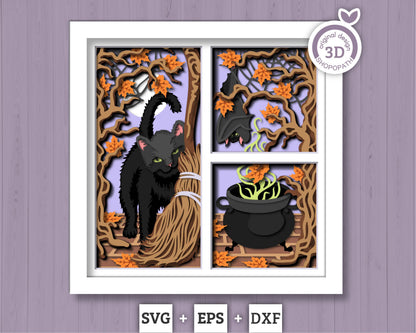 3D SVG Halloween Shadow Box, Layered Cat Halloween, Cauldron 3D Svg, 3D SVG Bat, Halloween 3D Svg, Witch Broom 3d svg, Cricut Silhouette