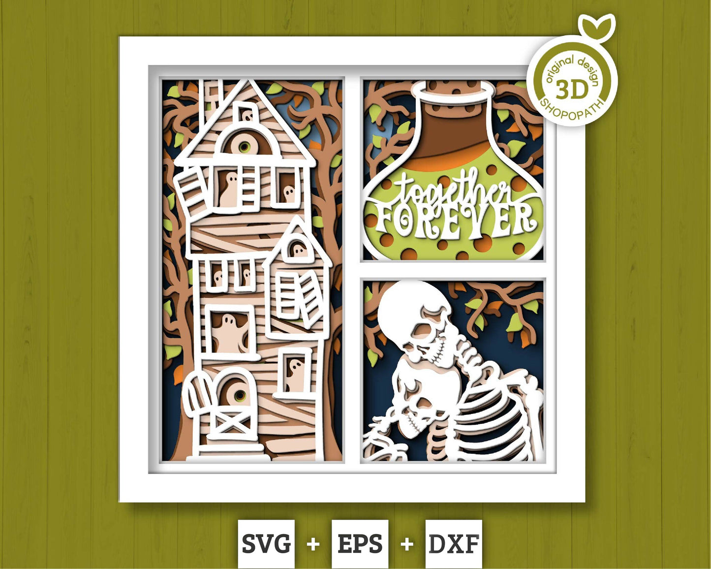 3D SVG Halloween Shadow Box, Layered Skeleton Couple Halloween, Haunted House 3D Svg Layered Papercut svg, 3d Layered svg, Cricut Silhouette