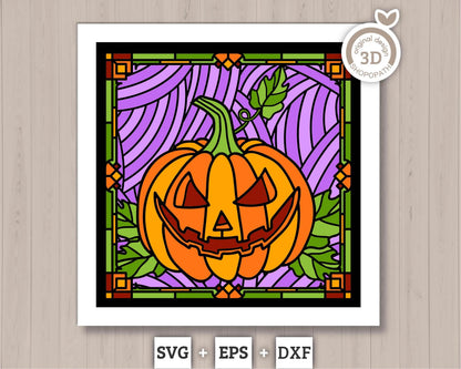 3D SVG Stained Glass Halloween Pumpkin Shadow Box, Stained Glass Halloween 3D SVG, Layered Stained Glass Pumpkin 3d Svg, Cricut Silhouette