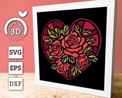 3D SVG Valentine's Day Stained Glass Shadow Box, Heart With Roses 3D Svg, Love Papercut 3d Svg, Romantic Shadow Box SVG, Cricut Silhouette