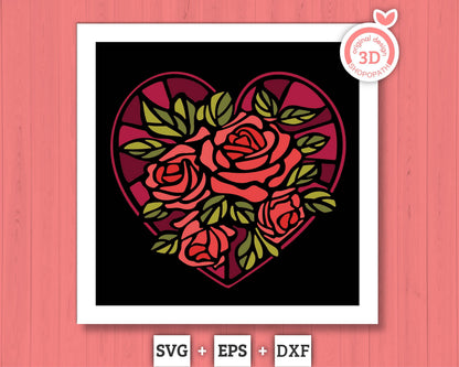 3D SVG Valentine's Day Stained Glass Shadow Box, Heart With Roses 3D Svg, Love Papercut 3d Svg, Romantic Shadow Box SVG, Cricut Silhouette