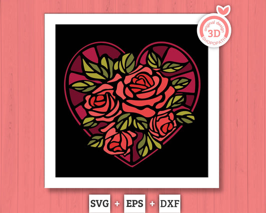 3D SVG Valentine's Day Stained Glass Shadow Box, Heart With Roses 3D Svg, Love Papercut 3d Svg, Romantic Shadow Box SVG, Cricut Silhouette