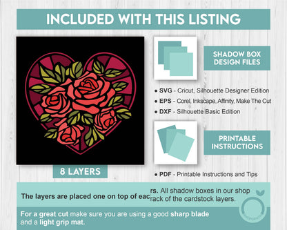 3D SVG Valentine's Day Stained Glass Shadow Box, Heart With Roses 3D Svg, Love Papercut 3d Svg, Romantic Shadow Box SVG, Cricut Silhouette
