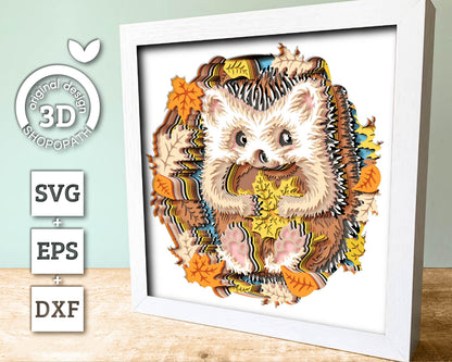 3D SVG Hedgehog Holding Maple Leaf Shadow Box, Autumn 3D SVG, Layered Hedgehog 3D Svg, Fall 3d SVG, 3d Svg Maple Leaf, Cricut Silhouette
