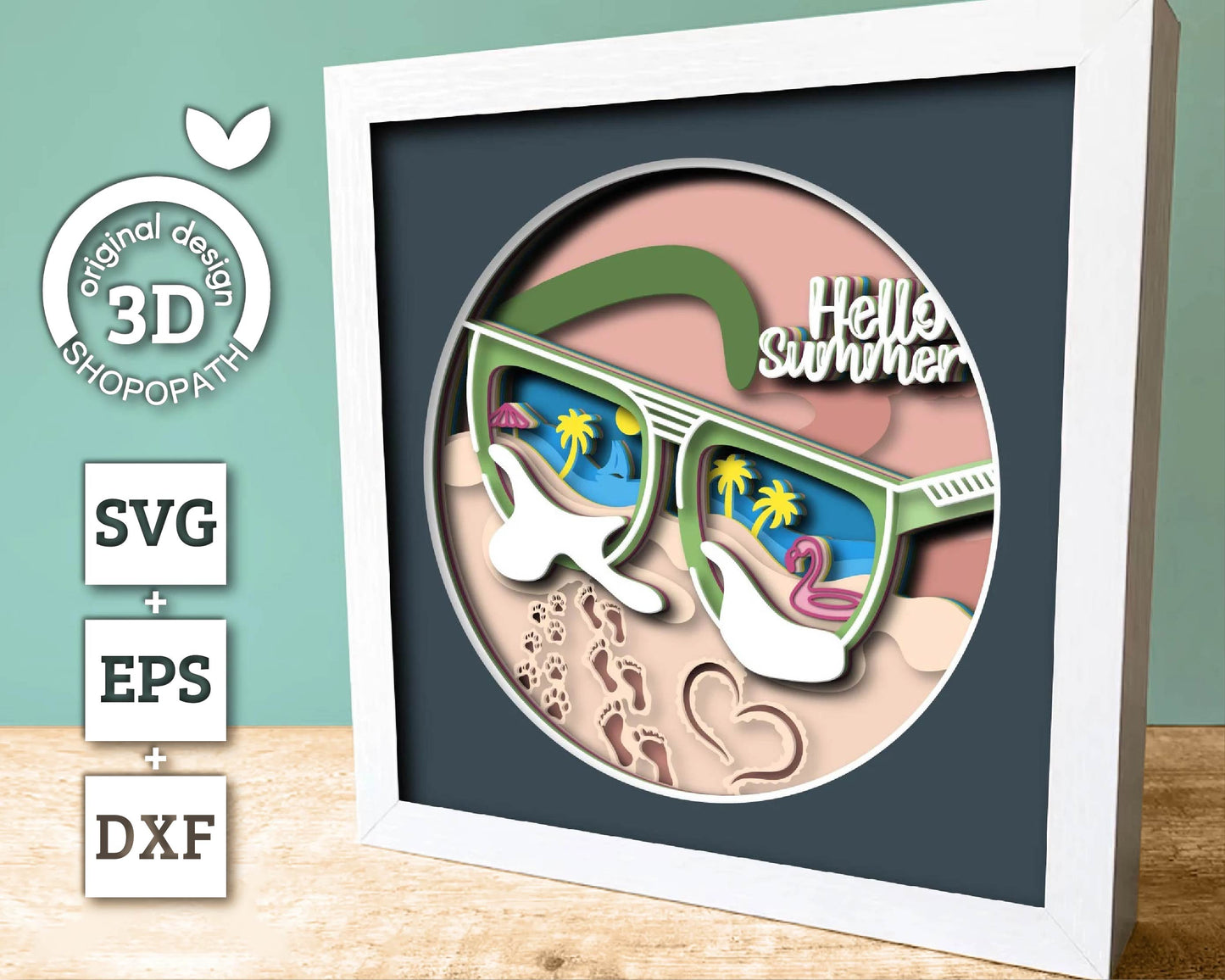 3D Layered Summer SVG EPS, Sea Wave Shadow Box, Beach 3D Svg, Hello Summer Sunglasses Layered Papercut svg, Cricut Silhouette