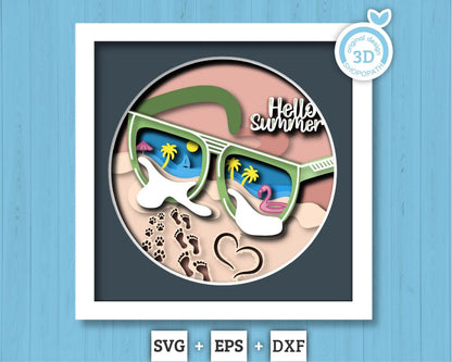 3D Layered Summer SVG EPS, Sea Wave Shadow Box, Beach 3D Svg, Hello Summer Sunglasses Layered Papercut svg, Cricut Silhouette