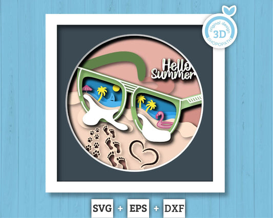 3D Layered Summer SVG EPS, Sea Wave Shadow Box, Beach 3D Svg, Hello Summer Sunglasses Layered Papercut svg, Cricut Silhouette