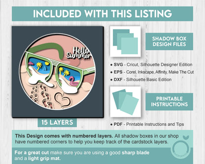 3D Layered Summer SVG EPS, Sea Wave Shadow Box, Beach 3D Svg, Hello Summer Sunglasses Layered Papercut svg, Cricut Silhouette