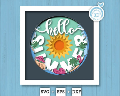3D Layered Summer SVG EPS, Sea Wave Shadow Box, Beach 3D Svg, Sun 3d SVg, Flamingo Layered Papercut svg, Cricut Silhouette