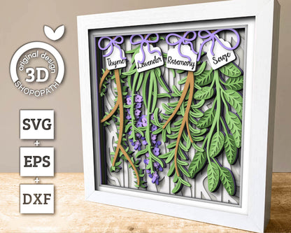 3D SVG Herbs Shadow Box SVG Herbs Garden With Leaves and Flowers With Tags Plants Lavender Rosemary Thyme Sage Layered, Cricut Silhouette