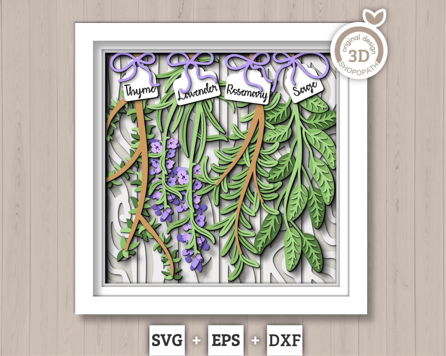 3D SVG Herbs Shadow Box SVG Herbs Garden With Leaves and Flowers With Tags Plants Lavender Rosemary Thyme Sage Layered, Cricut Silhouette