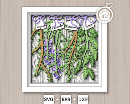 3D SVG Herbs Shadow Box SVG Herbs Garden With Leaves and Flowers With Tags Plants Lavender Rosemary Thyme Sage Layered, Cricut Silhouette