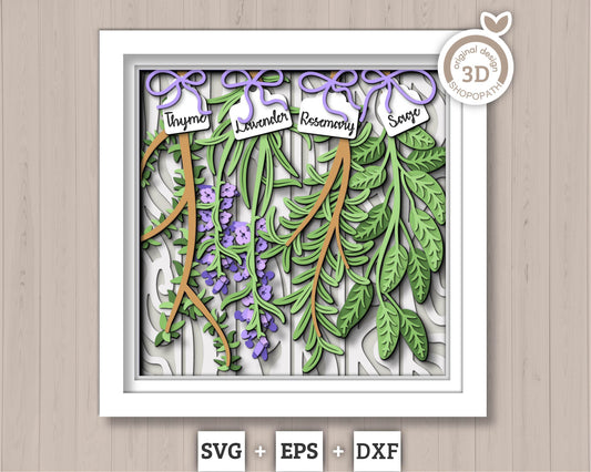 3D SVG Herbs Shadow Box SVG Herbs Garden With Leaves and Flowers With Tags Plants Lavender Rosemary Thyme Sage Layered, Cricut Silhouette