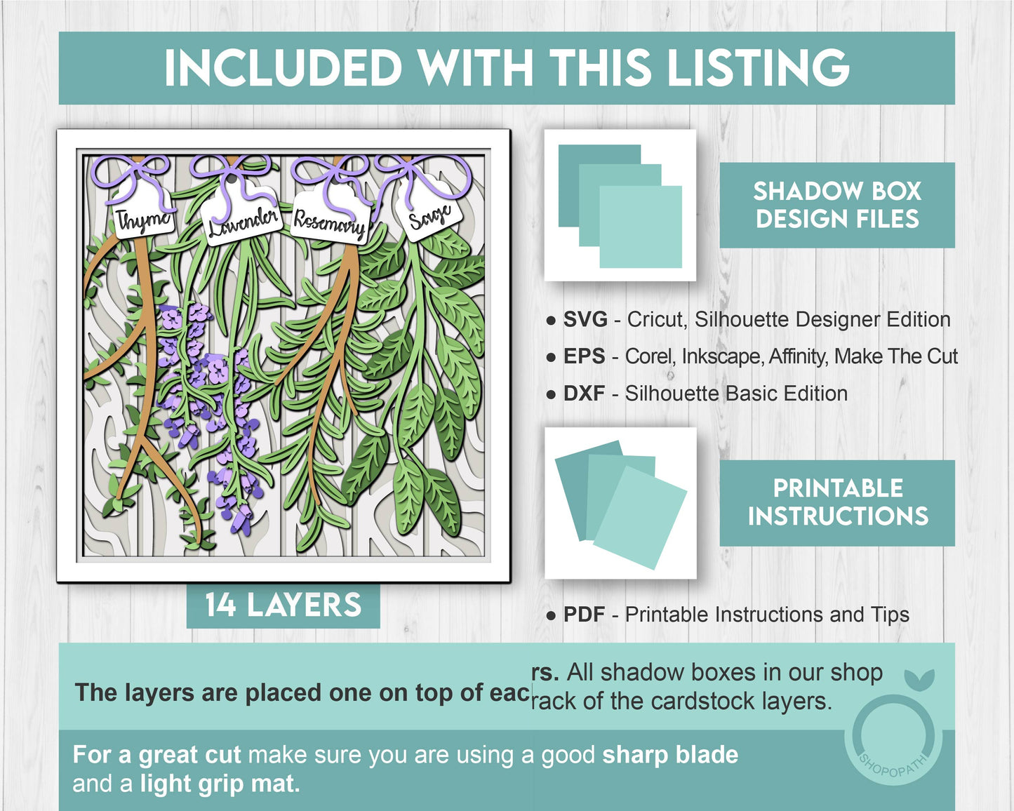 3D SVG Herbs Shadow Box SVG Herbs Garden With Leaves and Flowers With Tags Plants Lavender Rosemary Thyme Sage Layered, Cricut Silhouette