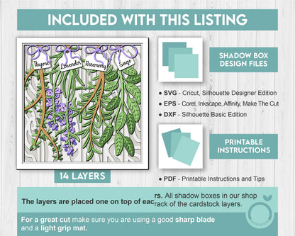 3D SVG Herbs Shadow Box SVG Herbs Garden With Leaves and Flowers With Tags Plants Lavender Rosemary Thyme Sage Layered, Cricut Silhouette