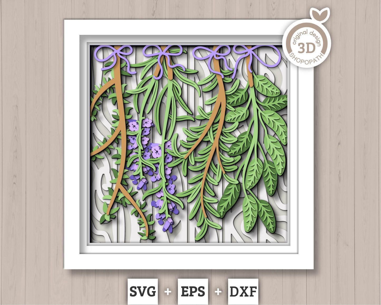 3D SVG Herbs Shadow Box SVG Herbs Garden With Leaves and Flowers With Tags Plants Lavender Rosemary Thyme Sage Layered, Cricut Silhouette