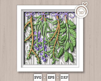 3D SVG Herbs Shadow Box SVG Herbs Garden With Leaves and Flowers With Tags Plants Lavender Rosemary Thyme Sage Layered, Cricut Silhouette