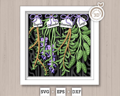 3D SVG Herbs Shadow Box SVG Herbs Garden With Leaves and Flowers With Tags Plants Lavender Rosemary Thyme Sage Layered, Cricut Silhouette
