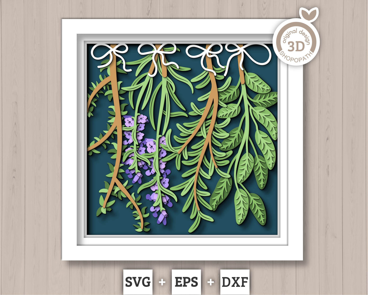 3D SVG Herbs Shadow Box SVG Herbs Garden With Leaves and Flowers With Tags Plants Lavender Rosemary Thyme Sage Layered, Cricut Silhouette