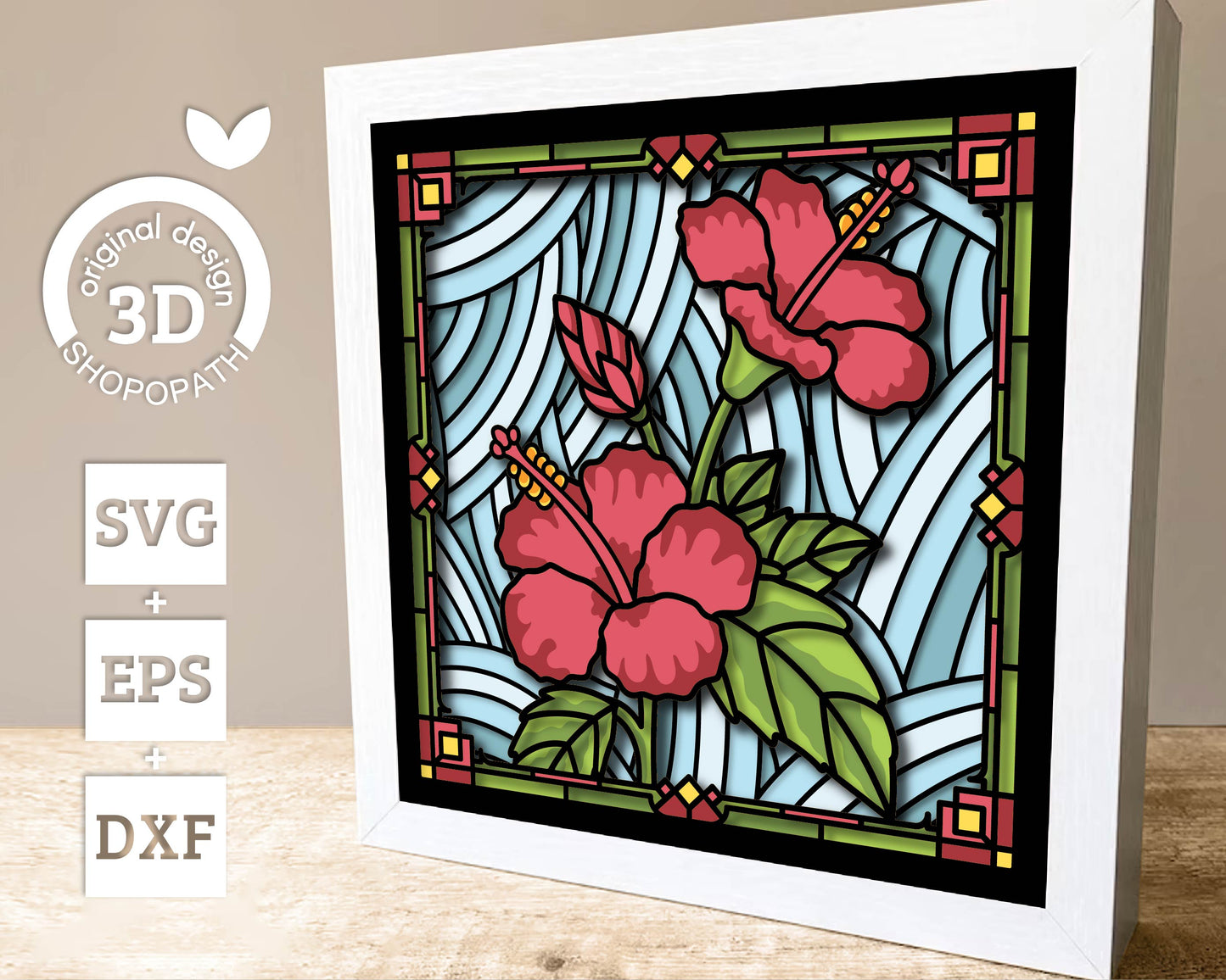 Hibiscus Stained Glass - 3D Shadow Box Layered SVG DXF EPS (Cutting Files)