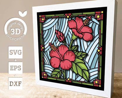 Hibiscus Stained Glass - 3D Shadow Box Layered SVG DXF EPS (Cutting Files)