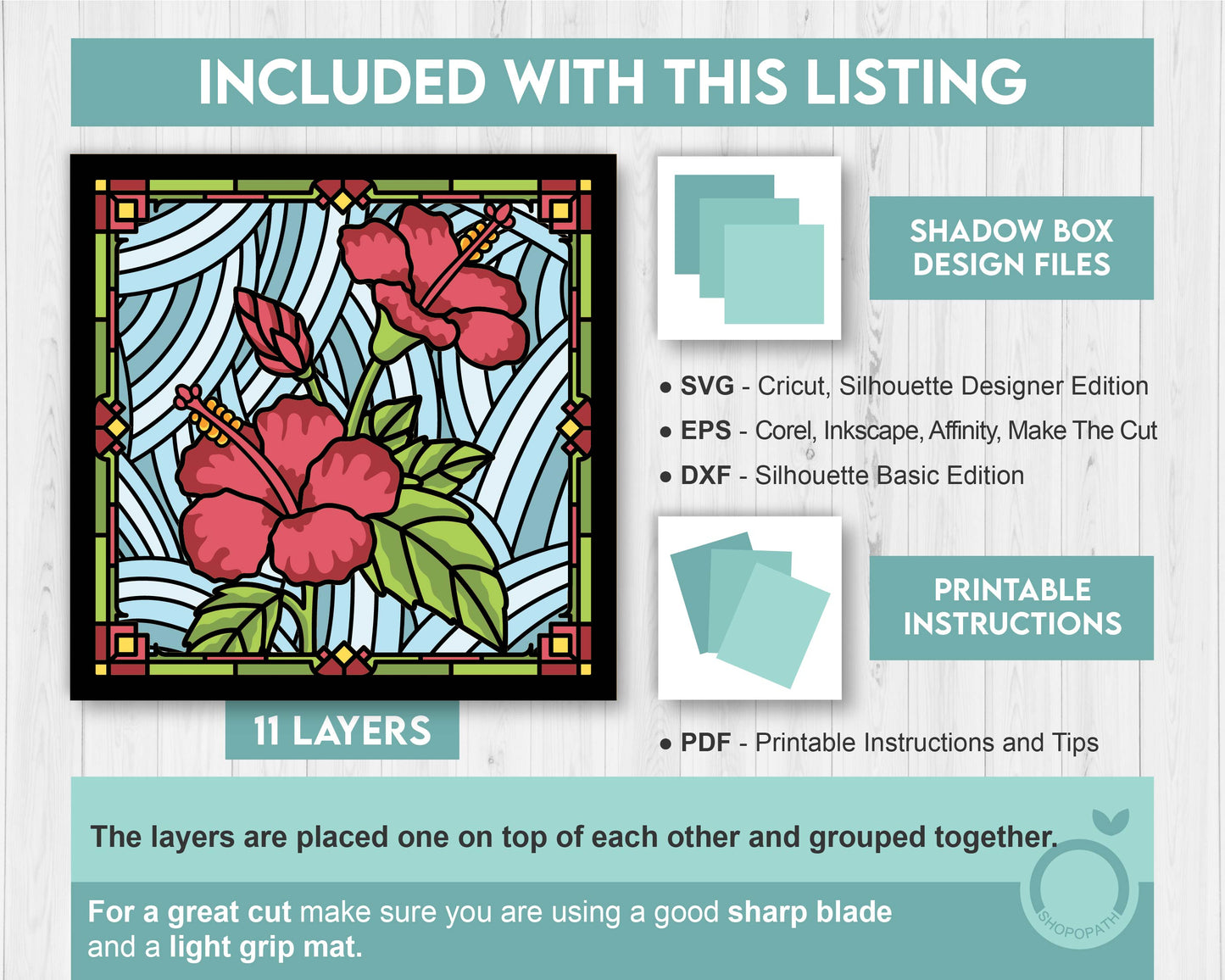 Hibiscus Stained Glass - 3D Shadow Box Layered SVG DXF EPS (Cutting Files)