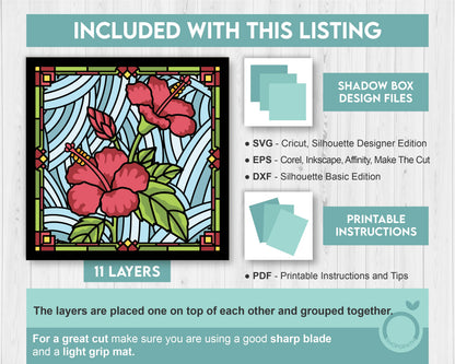 Hibiscus Stained Glass - 3D Shadow Box Layered SVG DXF EPS (Cutting Files)