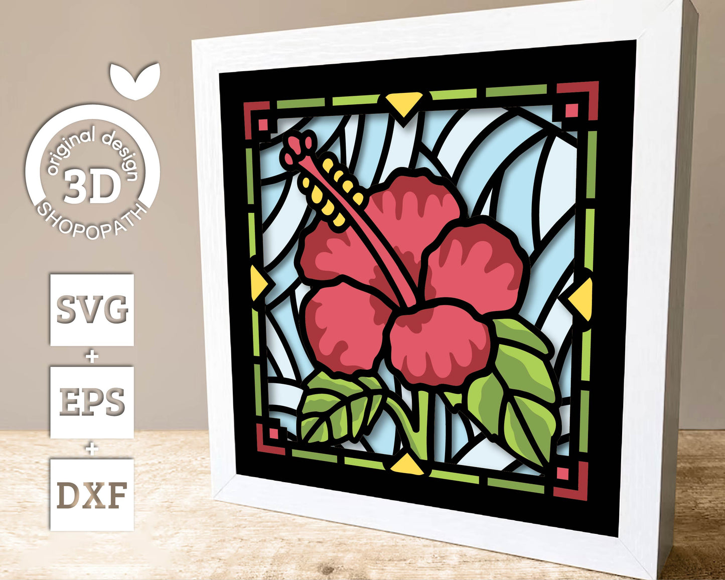 Hibiscus Stained Glass Mini - 3D Shadow Box Layered SVG DXF EPS (Cutting Files)