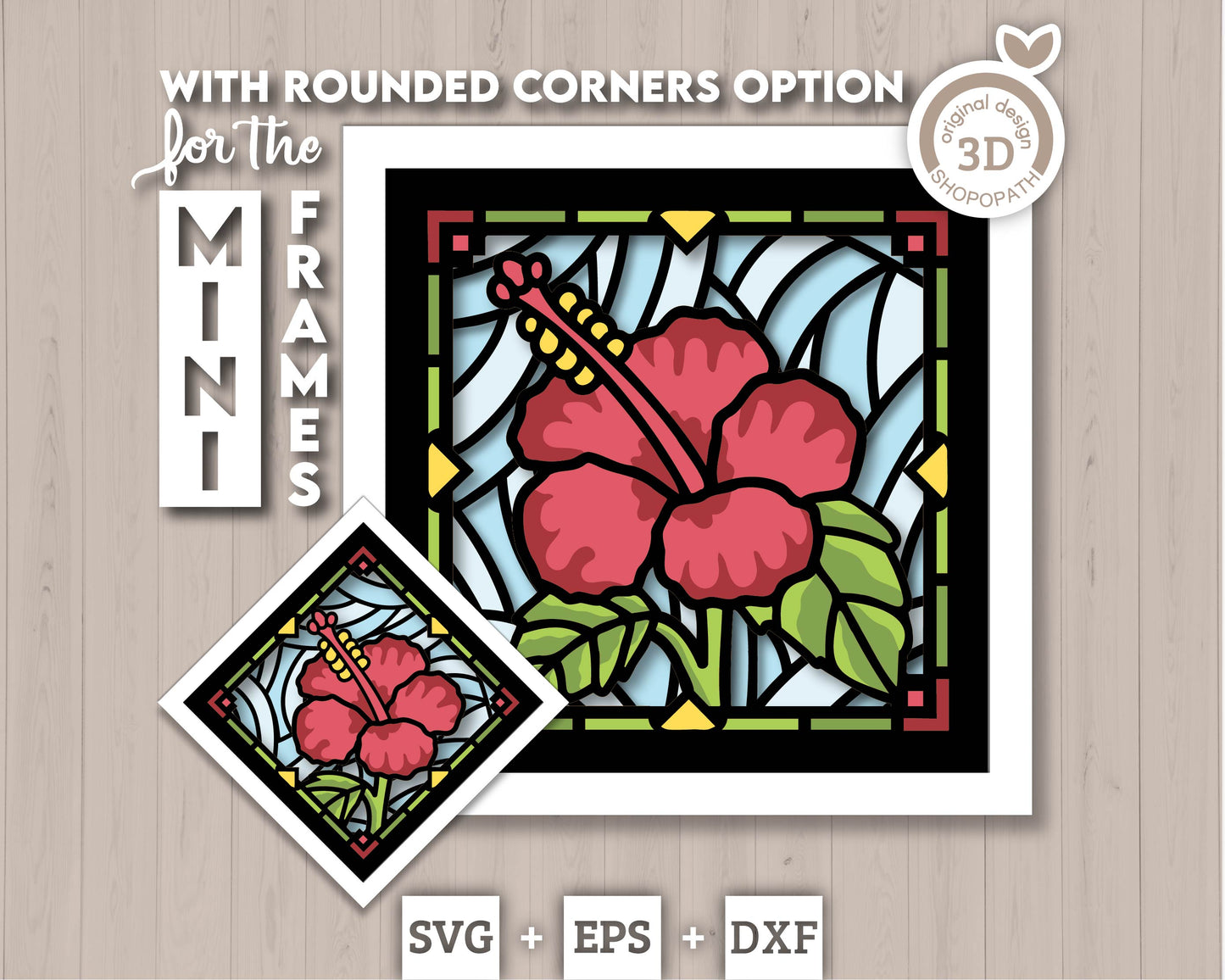 Hibiscus Stained Glass Mini - 3D Shadow Box Layered SVG DXF EPS (Cutting Files)