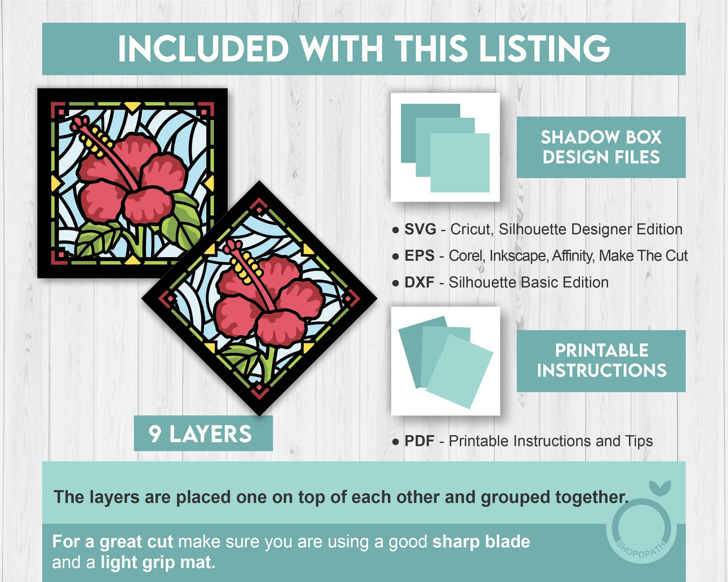 Hibiscus Stained Glass Mini - 3D Shadow Box Layered SVG DXF EPS (Cutting Files)