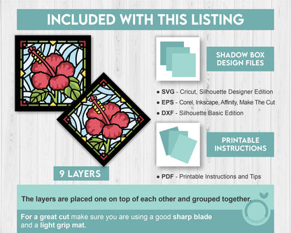 Hibiscus Stained Glass Mini - 3D Shadow Box Layered SVG DXF EPS (Cutting Files)